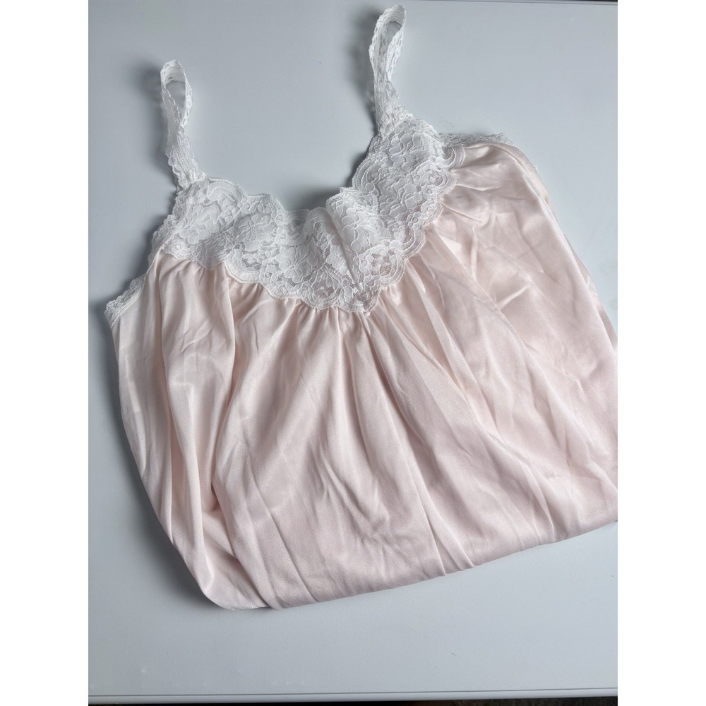 Vintage 70s Pastel Pink Nylon Nightgown M Coquette Lace Semi-sheer Maxi USA - Picture 3 of 7